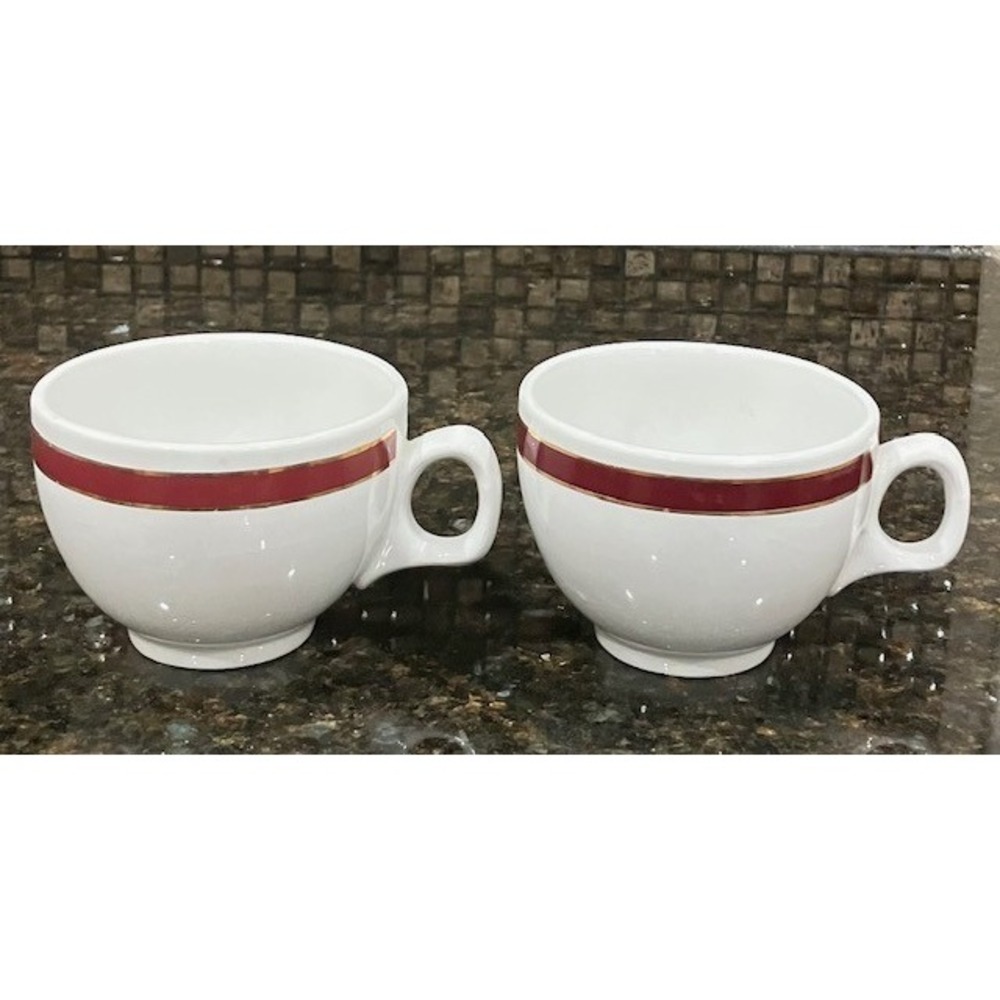 Royal Doulton Steelite Cups - White with Burgundy Stripe Set of 2
